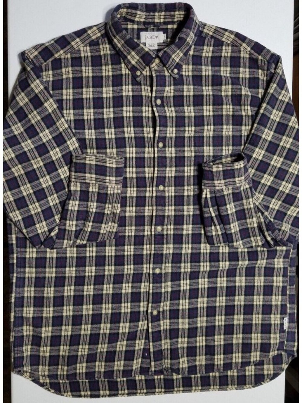 J. Crew Long Sleeve Button Down Blue/Tan Plaid Flannel Outdoor Shirt Men's L